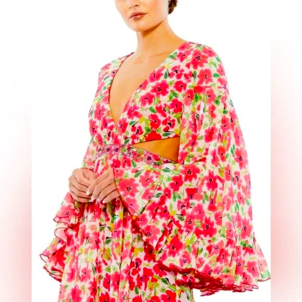 NWT Mac Duggal Floral Mini dress with cutouts v-neck 9158 size 6 - Picture 2 of 9